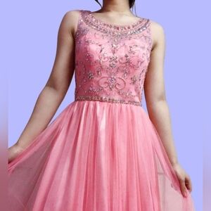 B. Darlin Pink Floor Length Prom Dress w/ Aurora Borealis Crystals Tulle,Size 5